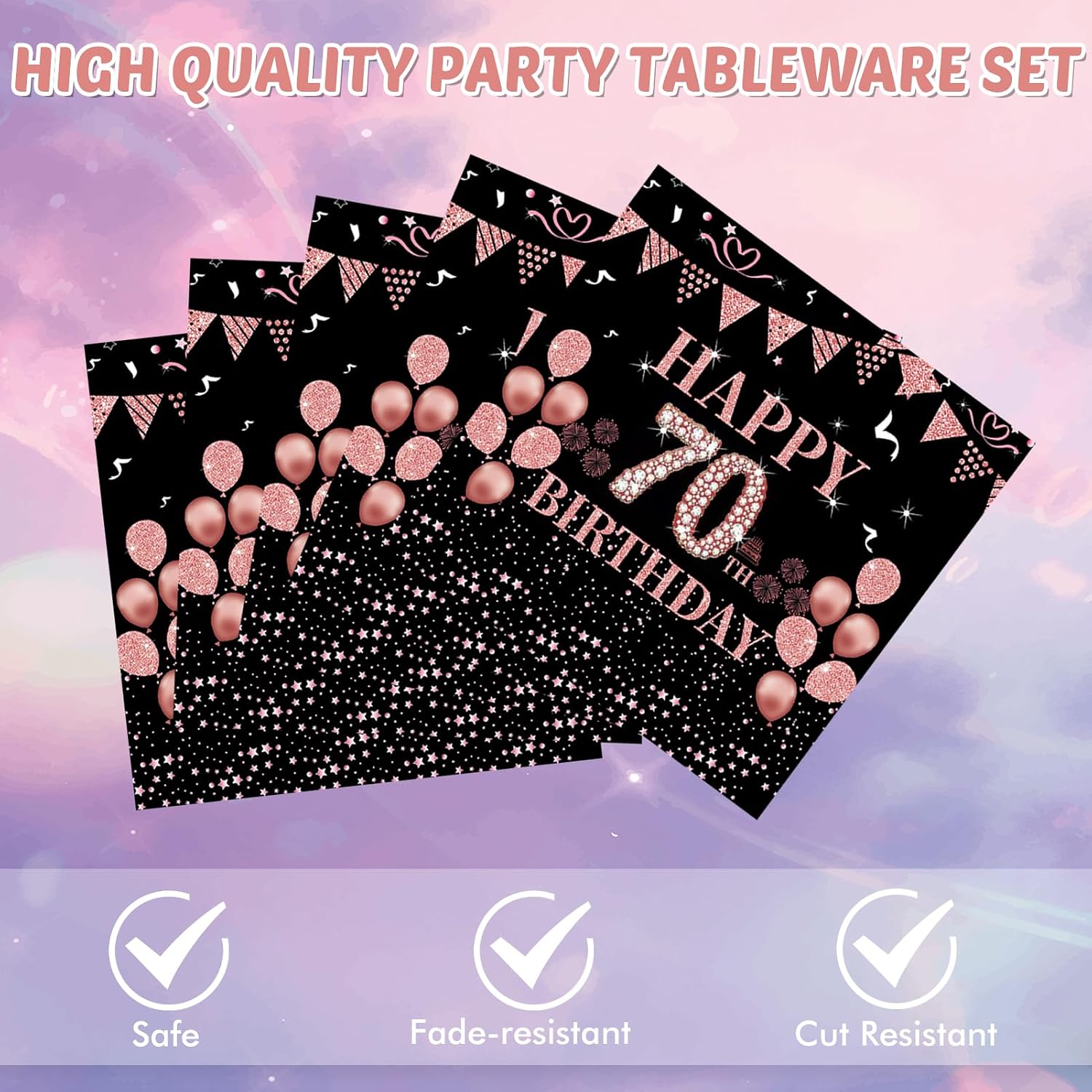 70th birthday decorations for women Black and Rose Gold Pink Birthday supplies Plates and Napkins,Vintage 1953 Aged Birthday Party Decorations Disposable tableware set for Girls 70th Class Reunion